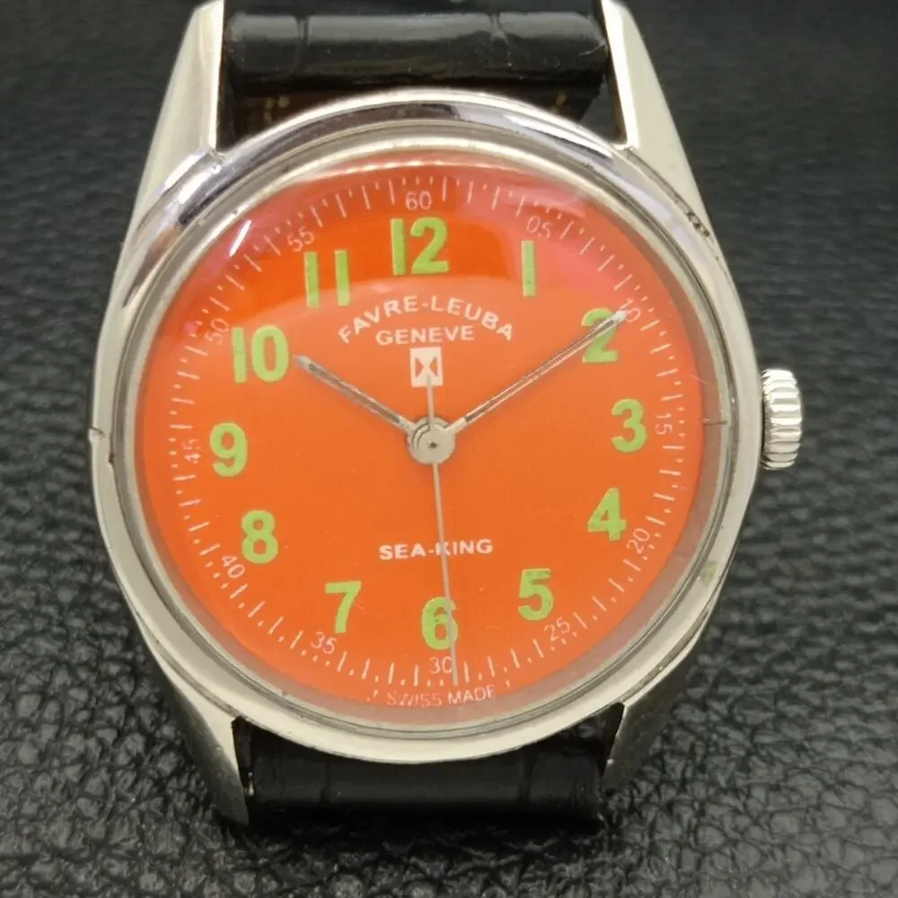 Vintage 1979 Favre Leuba Manual Mens Silver Watch W/Leather Strap